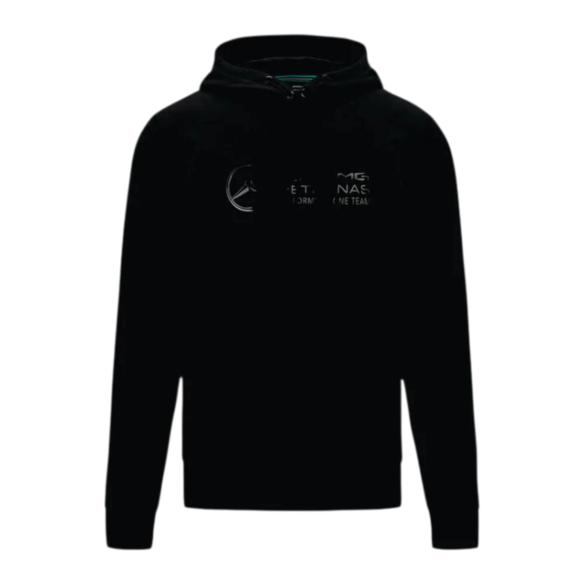 2024 Mercedes-AMG Petronas F1 Hoodie in black featuring Mercedes AMG Petronas team graphics, subtle sponsor branding, and a soft fleece lined design