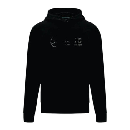 2024 Mercedes-AMG Petronas F1 Hoodie in black featuring Mercedes AMG Petronas team graphics, subtle sponsor branding, and a soft fleece lined design