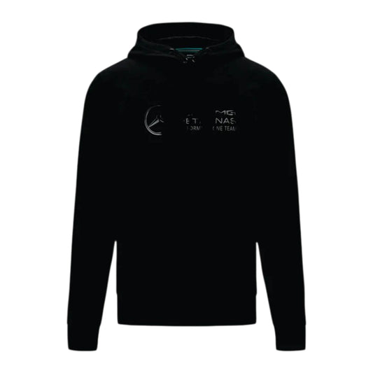 2024 Mercedes-AMG Petronas F1 Hoodie in black featuring Mercedes AMG Petronas team graphics, subtle sponsor branding, and a soft fleece lined design