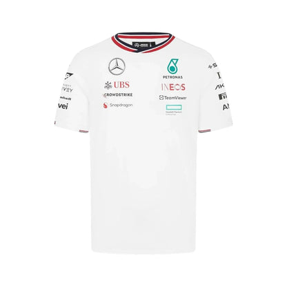 2024 Mercedes-AMG Petronas F1 Pilot T-Shirt in white featuring Mercedes-AMG, Petronas and team sponsor logos with a red and black striped crew neck