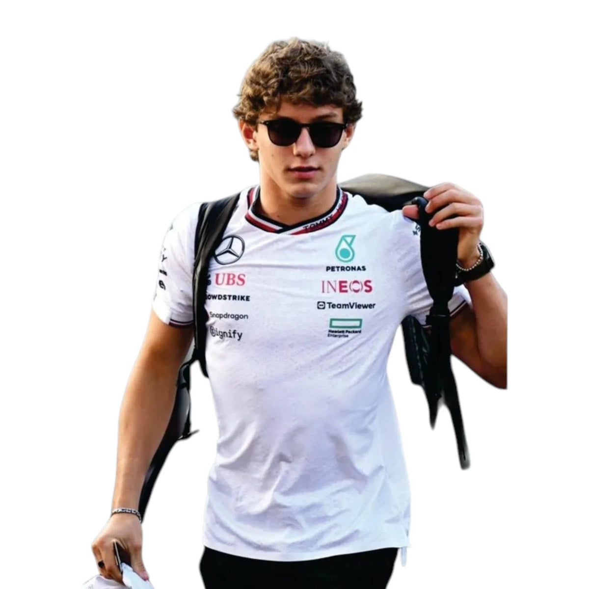 2024 Mercedes-AMG Petronas F1 Pilot T-Shirt in white featuring Mercedes-AMG, Petronas and team sponsor logos with a red and black striped crew neck