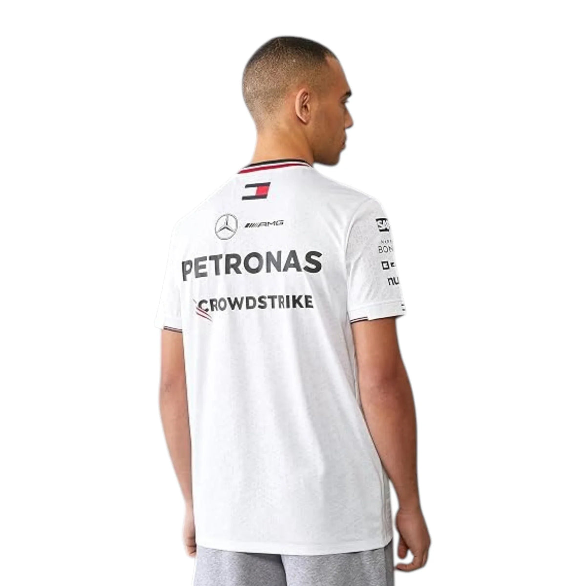 2024 Mercedes-AMG Petronas F1 Pilot T-Shirt in white featuring Mercedes-AMG, Petronas and team sponsor logos with a red and black striped crew neck