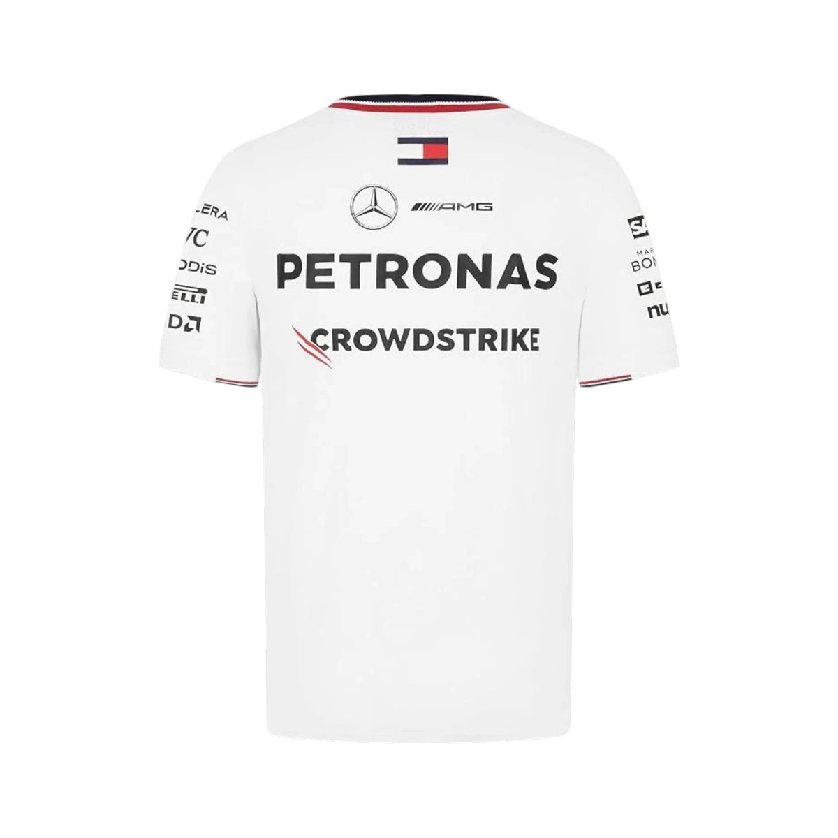 2024 Mercedes-AMG Petronas F1 Pilot T-Shirt in white featuring Mercedes-AMG, Petronas and team sponsor logos with a red and black striped crew neck