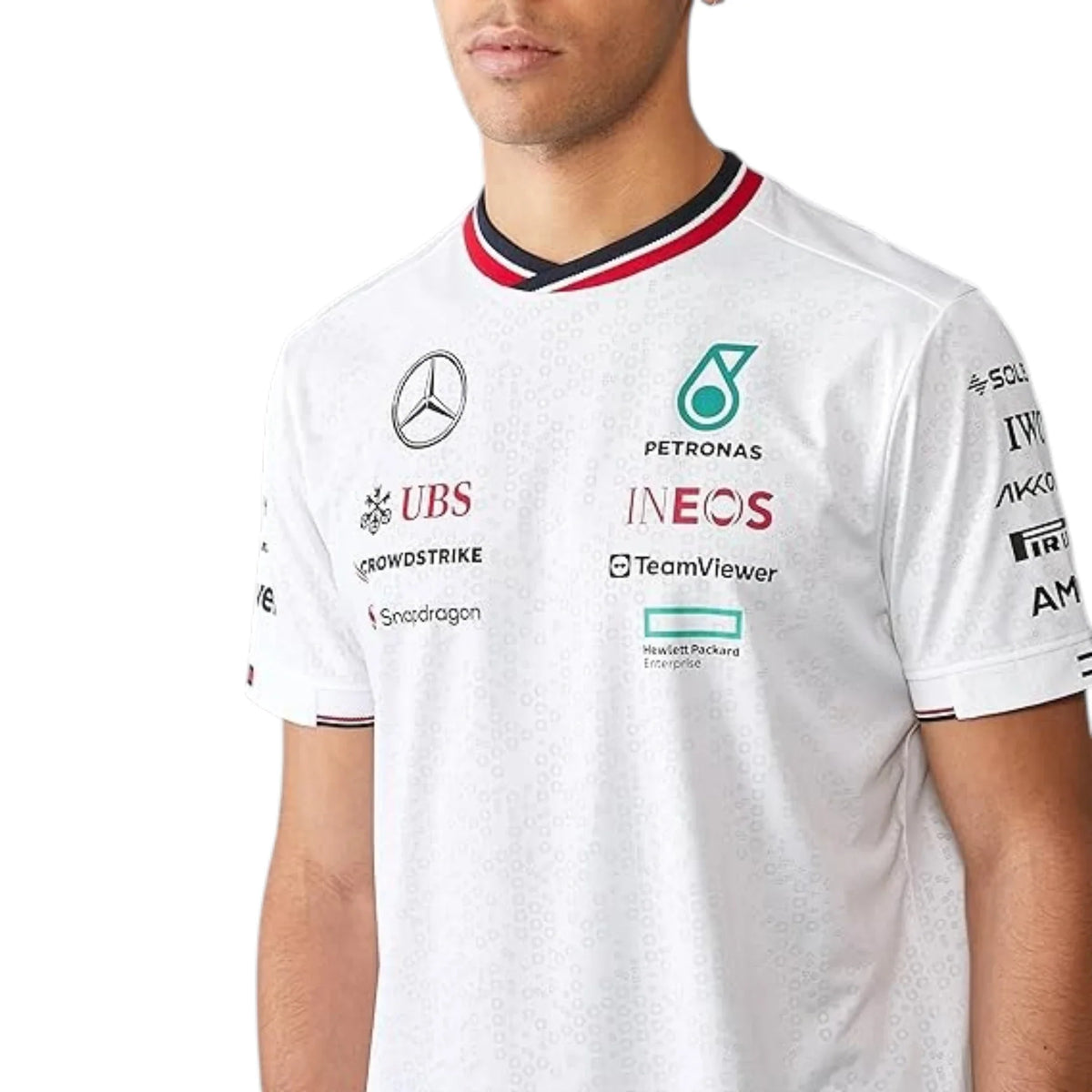 2024 Mercedes-AMG Petronas F1 Pilot T-Shirt in white featuring Mercedes-AMG, Petronas and team sponsor logos with a red and black striped crew neck