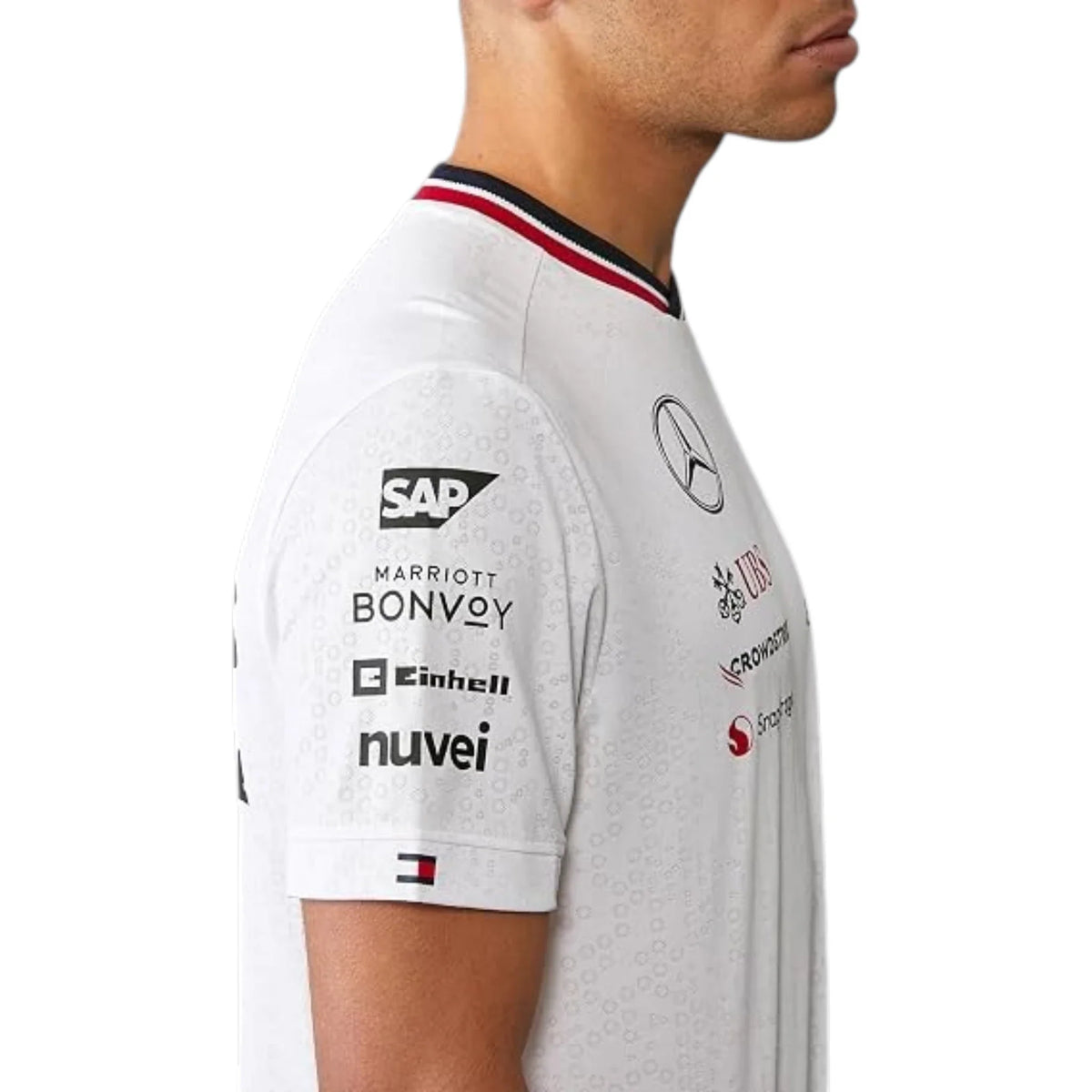 2024 Mercedes-AMG Petronas F1 Pilot T-Shirt in white featuring Mercedes-AMG, Petronas and team sponsor logos with a red and black striped crew neck