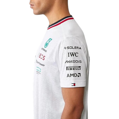 2024 Mercedes-AMG Petronas F1 Pilot T-Shirt in white featuring Mercedes-AMG, Petronas and team sponsor logos with a red and black striped crew neck