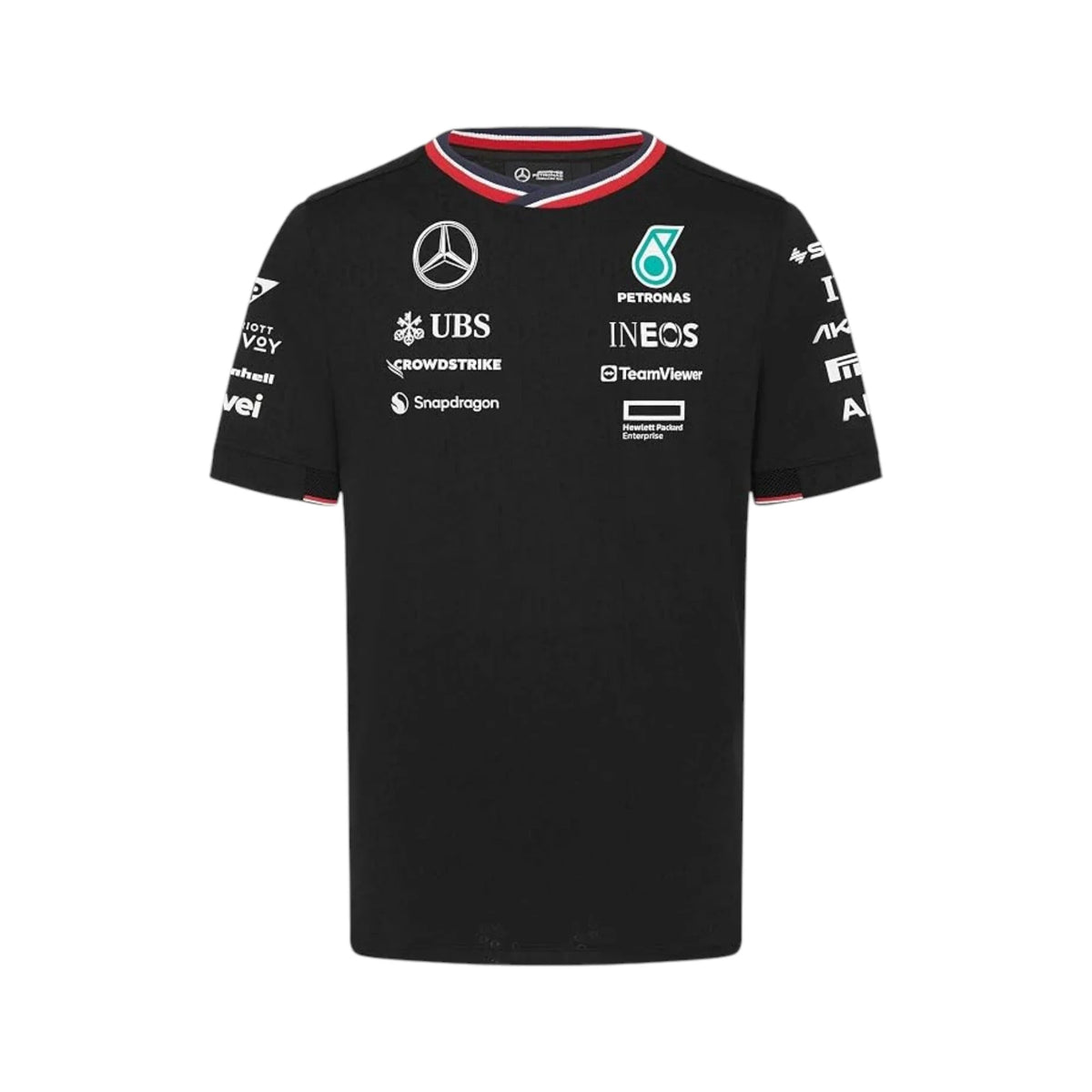 2024 Mercedes-AMG Petronas F1 Pilot T-Shirt in black featuring Mercedes-AMG, Petronas and team sponsor logos with a red and black striped crew neck