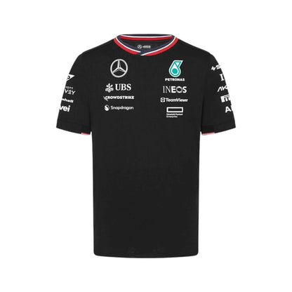 2024 Mercedes-AMG Petronas F1 Pilot T-Shirt in black featuring Mercedes-AMG, Petronas and team sponsor logos with a red and black striped crew neck