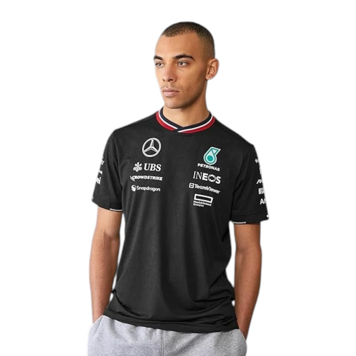2024 Mercedes-AMG Petronas F1 Pilot T-Shirt in black featuring Mercedes-AMG, Petronas and team sponsor logos with a red and black striped crew neck