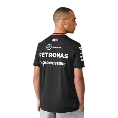 2024 Mercedes-AMG Petronas F1 Pilot T-Shirt in black featuring Mercedes-AMG, Petronas and team sponsor logos with a red and black striped crew neck