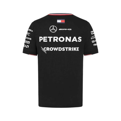 2024 Mercedes-AMG Petronas F1 Pilot T-Shirt in black featuring Mercedes-AMG, Petronas and team sponsor logos with a red and black striped crew neck