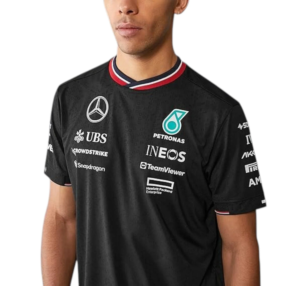 2024 Mercedes-AMG Petronas F1 Pilot T-Shirt in black featuring Mercedes-AMG, Petronas and team sponsor logos with a red and black striped crew neck
