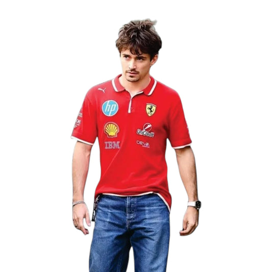 2025 Ferrari F1 Polo Shirt in red with authentic Scuderia Ferrari sponsor logos and premium motorsport detailing