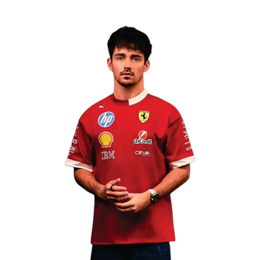 2025 Ferrari F1 Racing T-Shirt in red with authentic Scuderia Ferrari sponsor logos and premium 