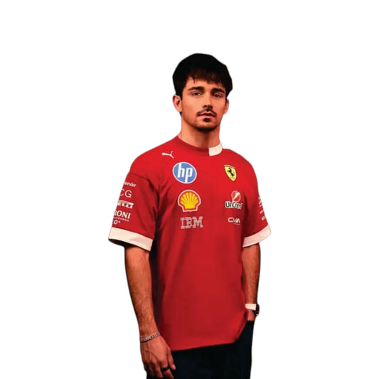 2025 Ferrari F1 Racing T-Shirt in red with authentic Scuderia Ferrari sponsor logos and premium 
