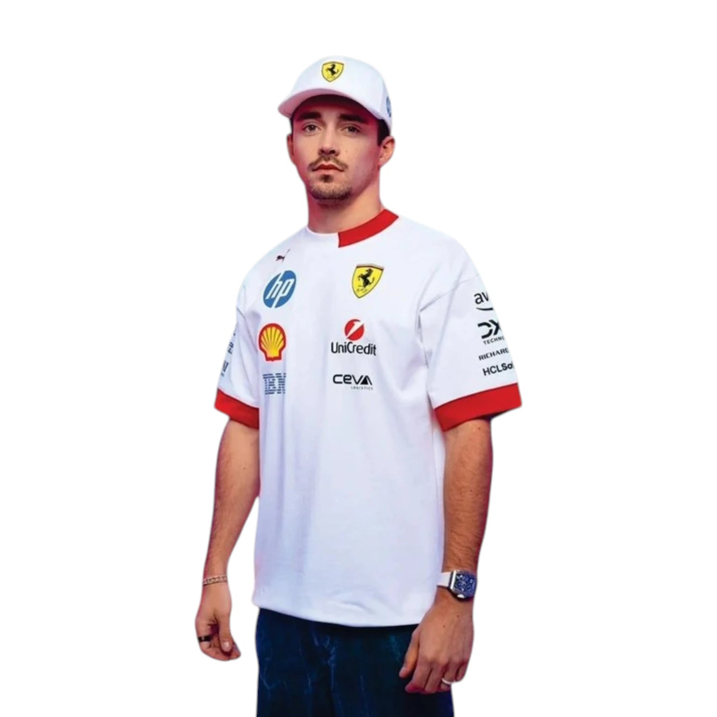 2025 Ferrari F1 Racing T-Shirt in white with authentic Scuderia Ferrari sponsor logos and premium 