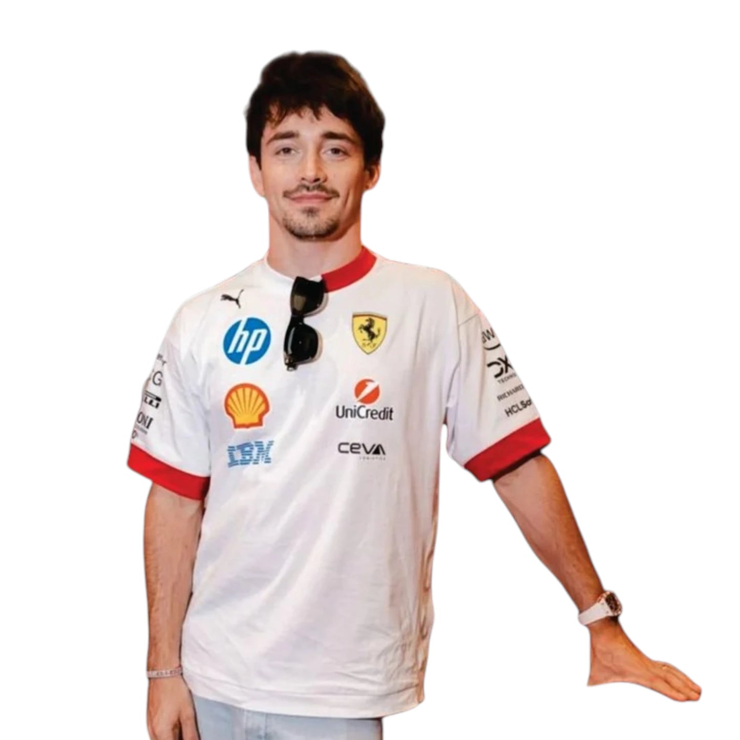 2025 Ferrari F1 Racing T-Shirt in white with authentic Scuderia Ferrari sponsor logos and premium 