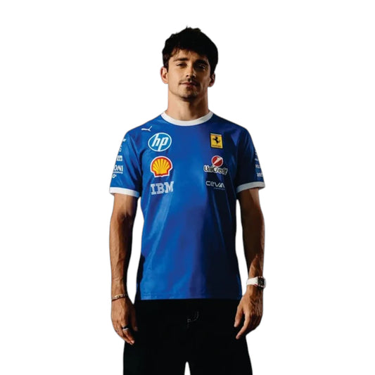 2025 Ferrari Monza GP F1 Racing T-Shirt in blue with Ferrari team sponsor logos and premium motorsport styling