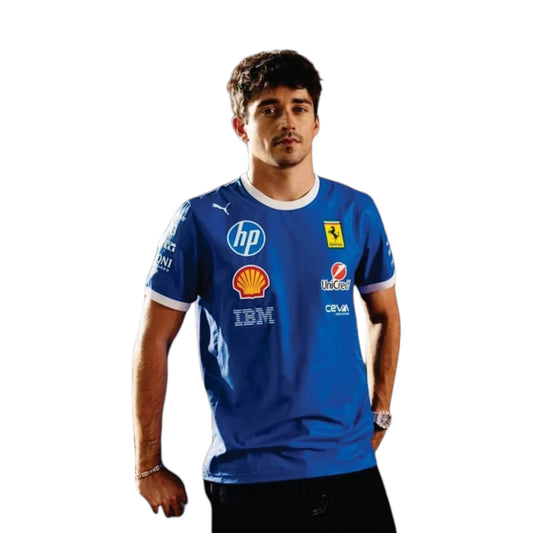 2025 Ferrari Monza GP F1 Racing T-Shirt in blue with Ferrari team sponsor logos and premium motorsport styling