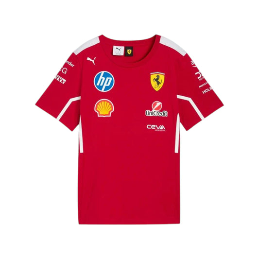 2025 Ferrari Team Edition F1 Racing T-Shirt in red featuring Ferrari team graphics, sponsor logos, and classic crew neck design