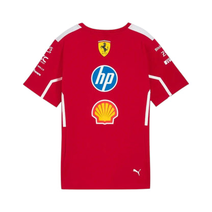 2025 Ferrari Team Edition F1 Racing T-Shirt in red featuring Ferrari team graphics, sponsor logos, and classic crew neck design