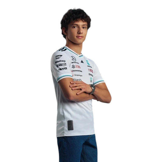 2025 Mercedes-AMG Petronas F1 Driver T-Shirt in white featuring team and sponsor logos, striped sleeve details and V neck collar