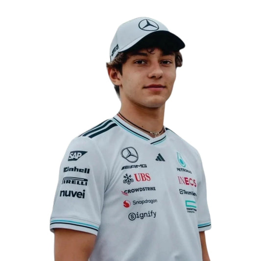 2025 Mercedes-AMG Petronas F1 Driver T-Shirt in white featuring team and sponsor logos, striped sleeve details and V neck collar