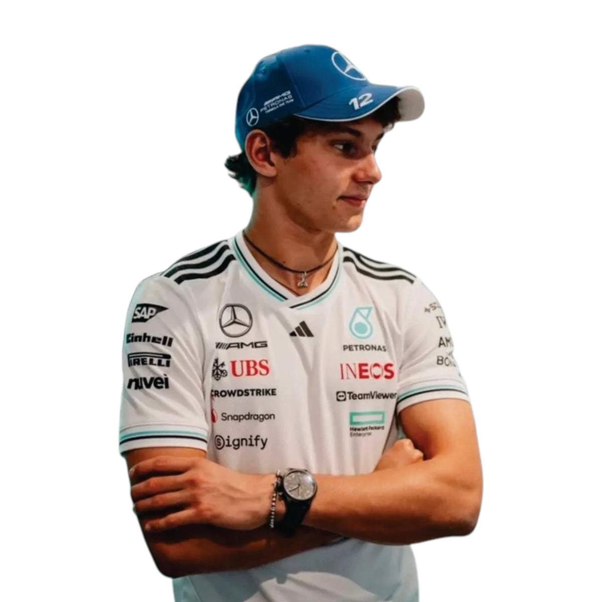 2025 Mercedes-AMG Petronas F1 Driver T-Shirt in white featuring team and sponsor logos, striped sleeve details and V neck collar
