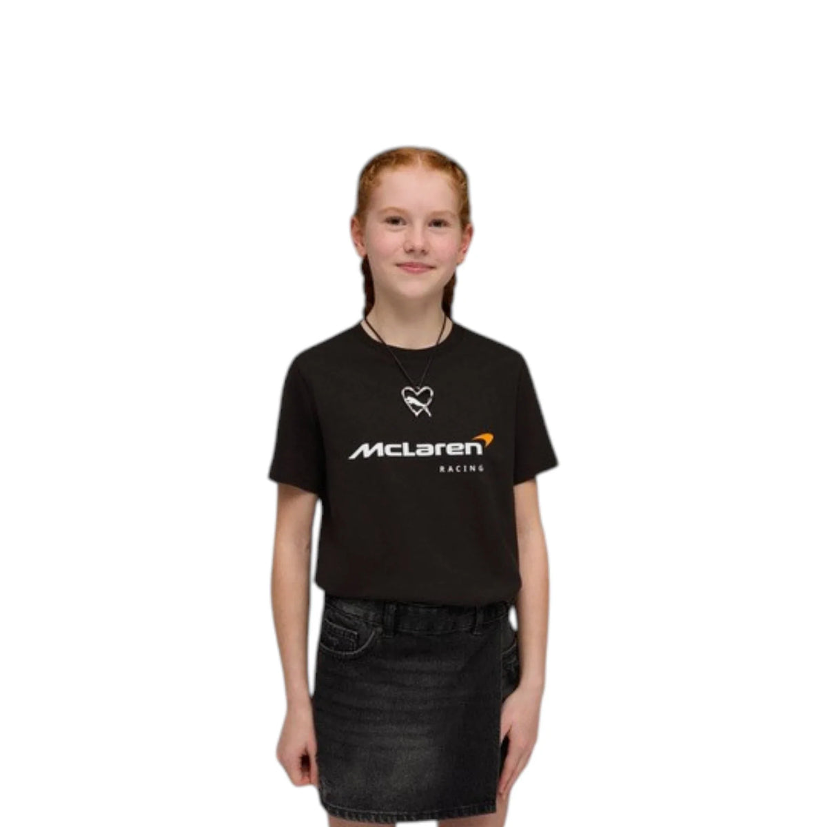 2026 McLaren F1 Kids Large Logo T-Shirt in black featuring McLaren F1 Team branding and logos on the front and back