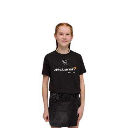 2026 McLaren F1 Kids Large Logo T-Shirt in black featuring McLaren F1 Team branding and logos on the front and back