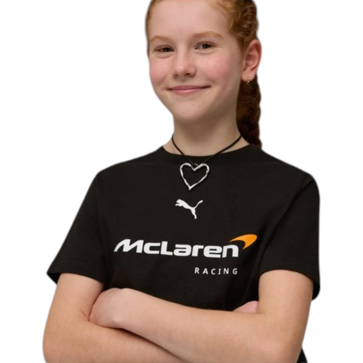 2026 McLaren F1 Kids Large Logo T-Shirt in black featuring McLaren F1 Team branding and logos on the front and back