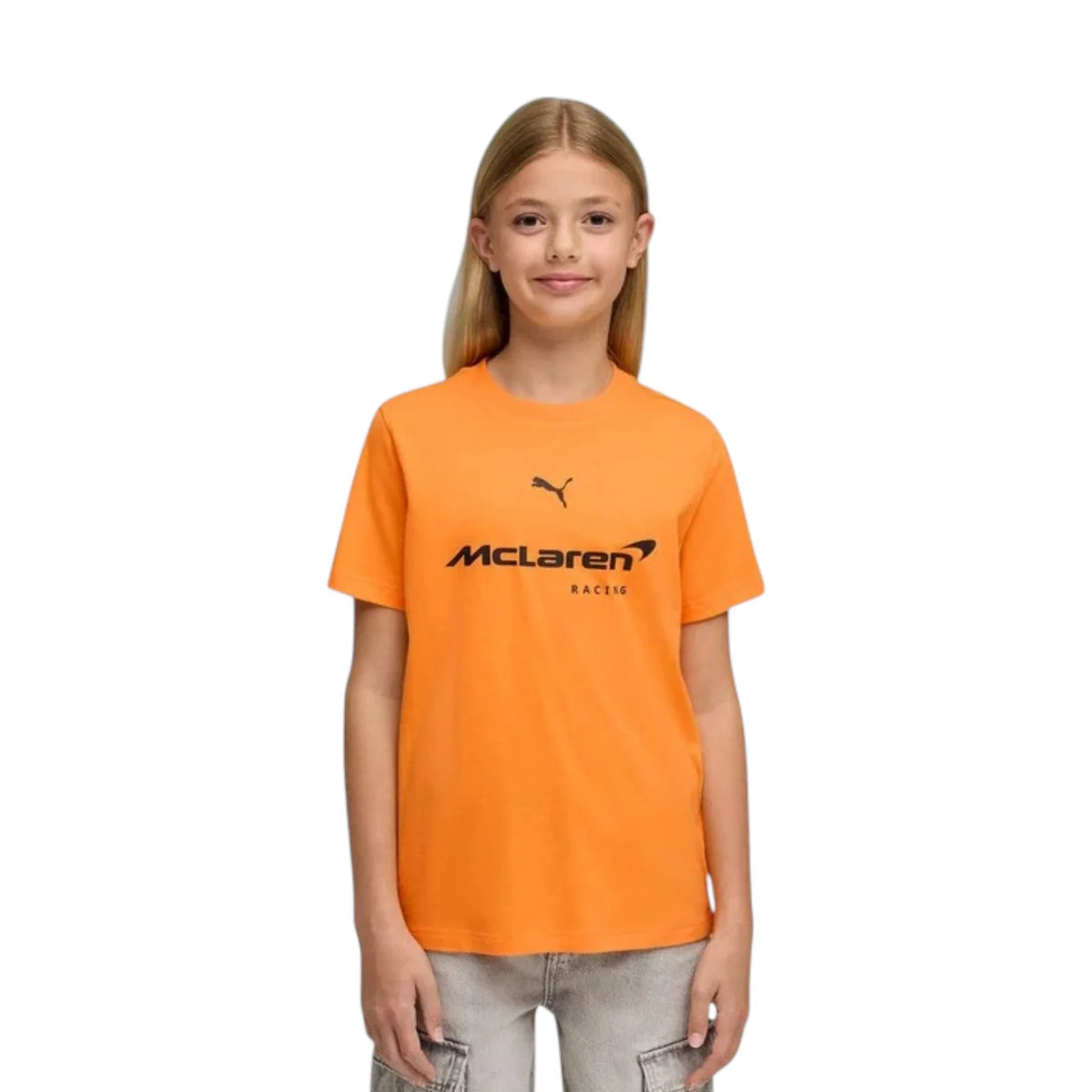 2026 McLaren F1 Kids Large Logo T-Shirt in orange featuring McLaren F1 Team branding and logos on the front and back