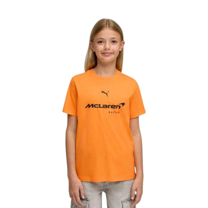 2026 McLaren F1 Kids Large Logo T-Shirt in orange featuring McLaren F1 Team branding and logos on the front and back