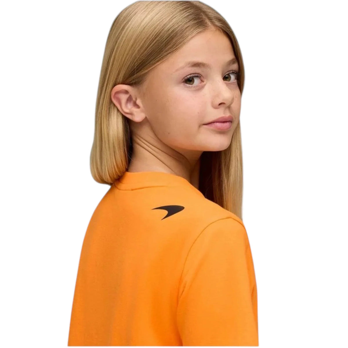 2026 McLaren F1 Kids Large Logo T-Shirt in orange featuring McLaren F1 Team branding and logos on the front and back