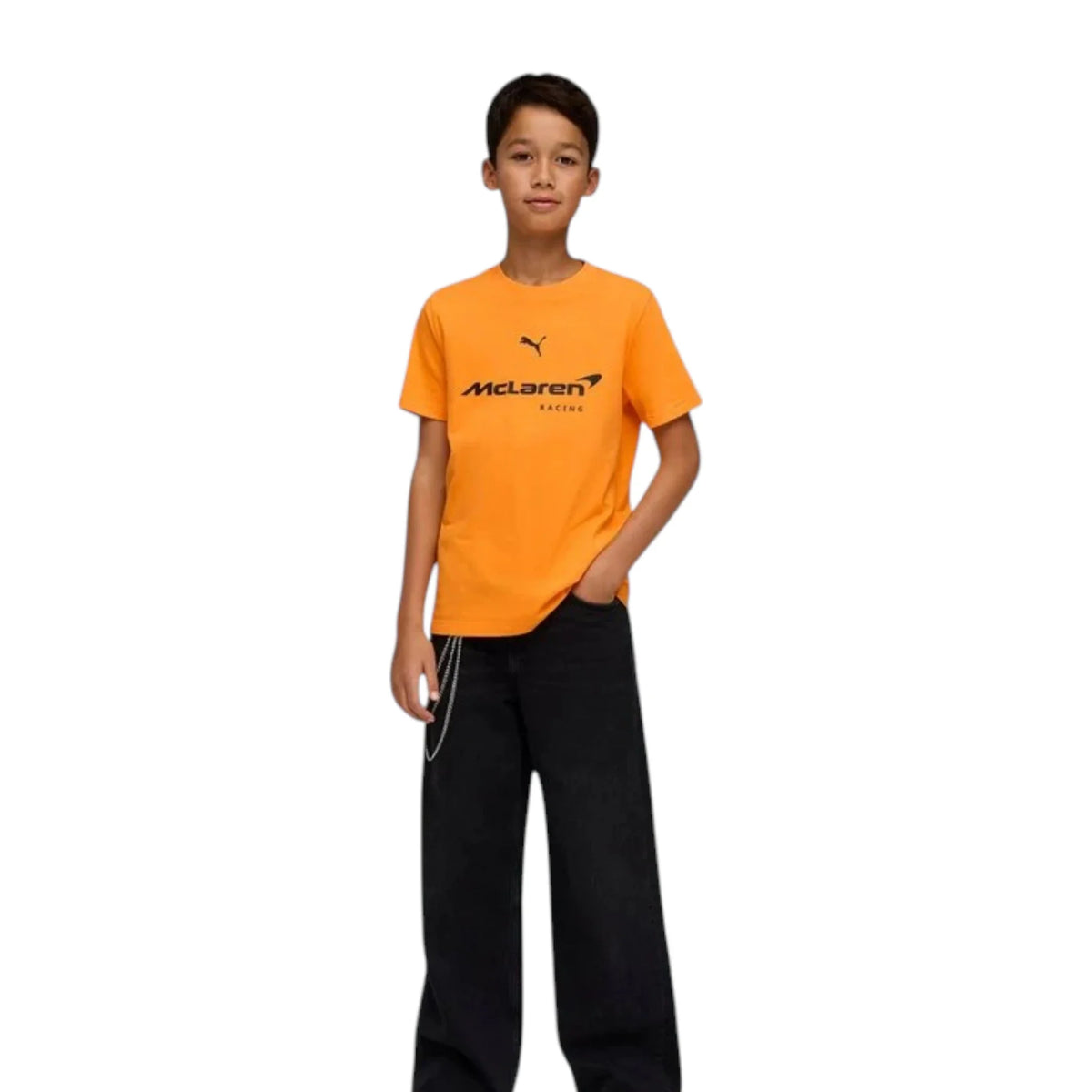 2026 McLaren F1 Kids Large Logo T-Shirt in orange featuring McLaren F1 Team branding and logos on the front and back