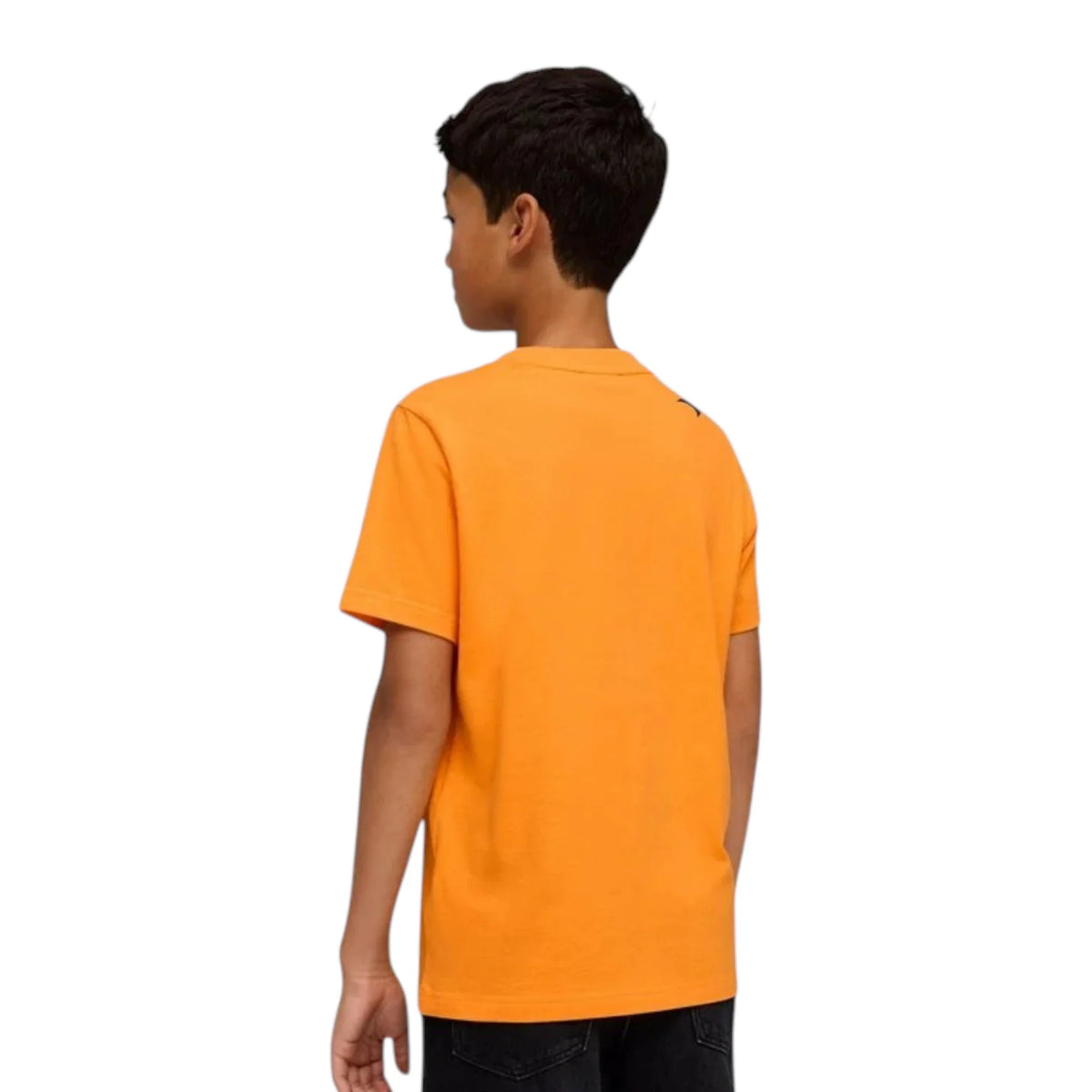 2026 McLaren F1 Kids Large Logo T-Shirt in orange featuring McLaren F1 Team branding and logos on the front and back