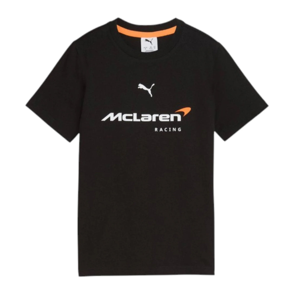 2026 McLaren F1 Kids Large Logo T-Shirt in black featuring McLaren F1 Team branding and logos on the front and back