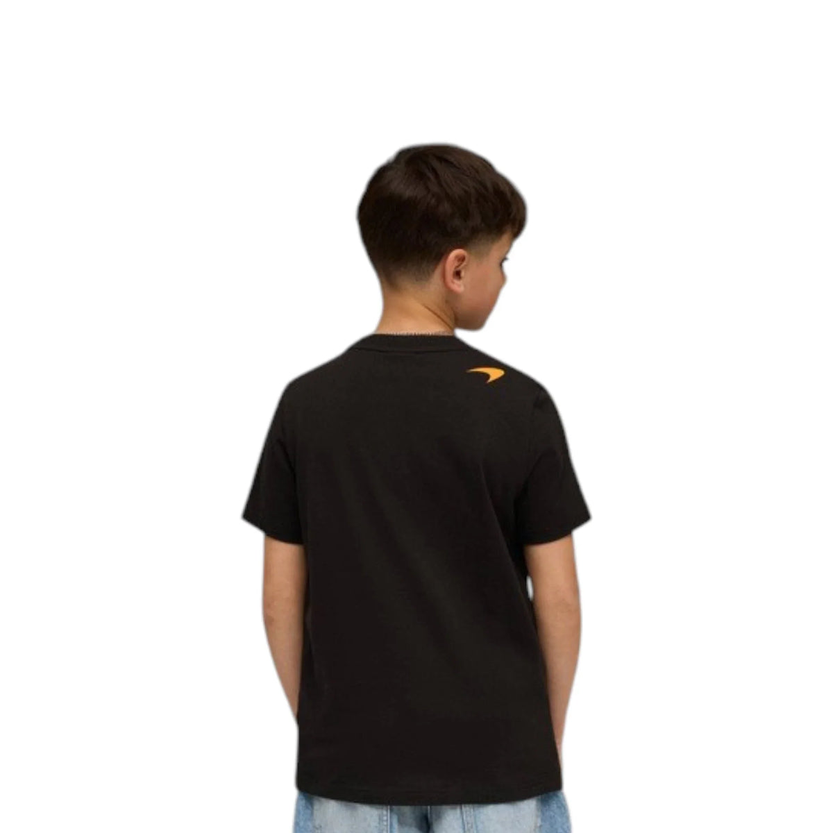 2026 McLaren F1 Kids Large Logo T-Shirt in black featuring McLaren F1 Team branding and logos on the front and back