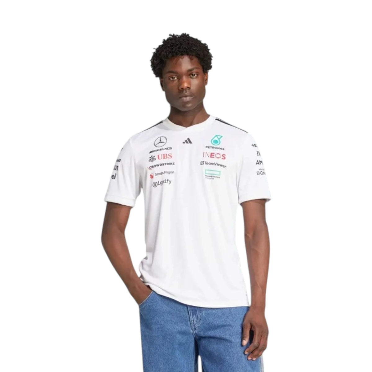 2026 Mercedes-AMG Petronas F1 Men T-Shirt in white featuring team sponsor graphics and short sleeve design