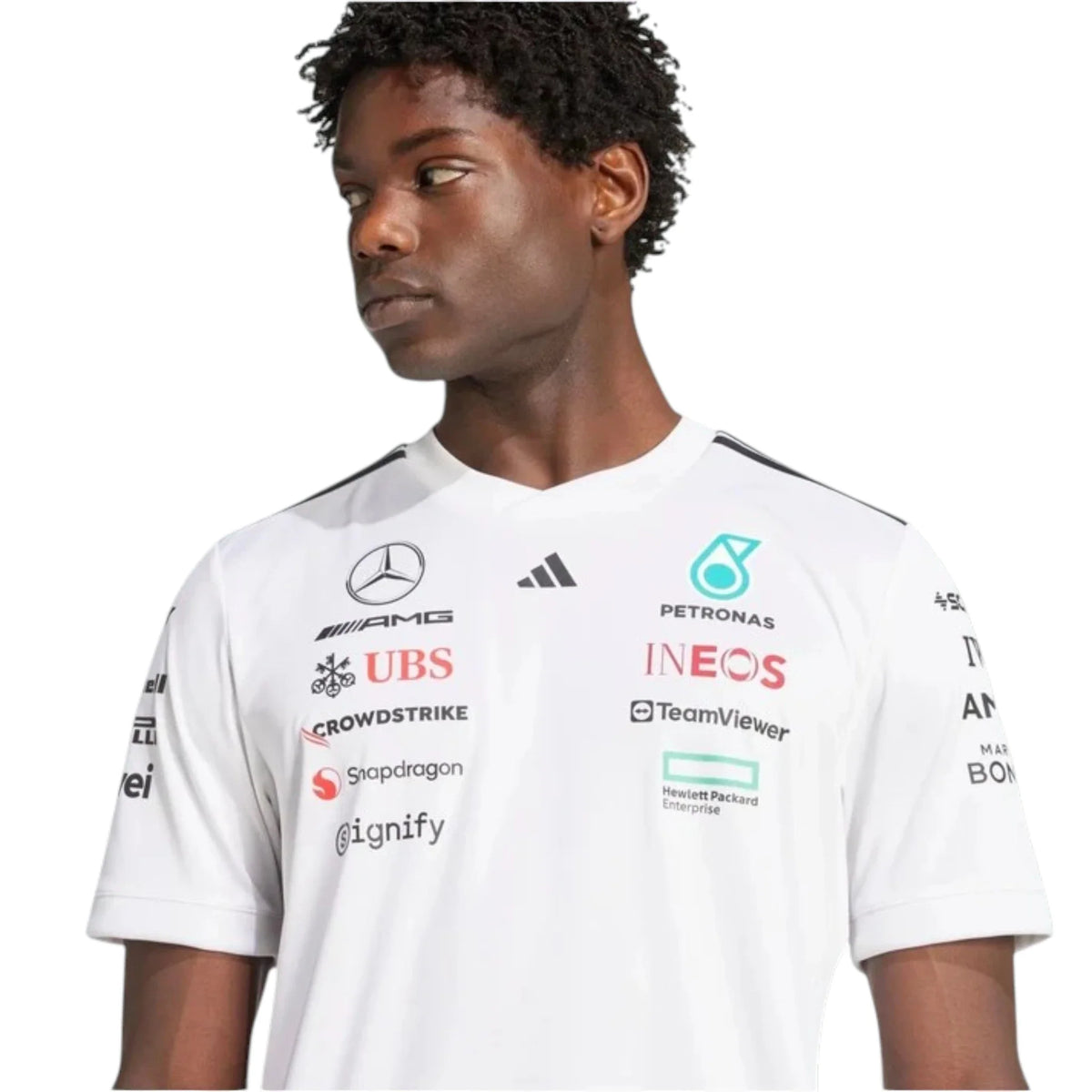 2026 Mercedes-AMG Petronas F1 Men T-Shirt in white featuring team sponsor graphics and short sleeve design