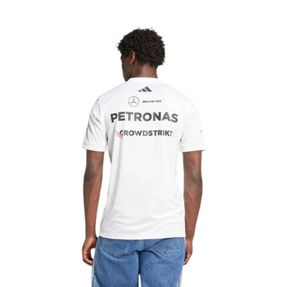 2026 Mercedes-AMG Petronas F1 Men T-Shirt in white featuring team sponsor graphics and short sleeve design