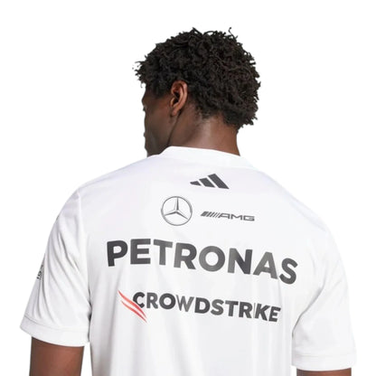 2026 Mercedes-AMG Petronas F1 Men T-Shirt in white featuring team sponsor graphics and short sleeve design