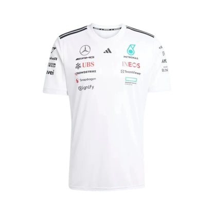 2026 Mercedes-AMG Petronas F1 Women T-Shirt in white featuring team sponsor graphics and short sleeve design