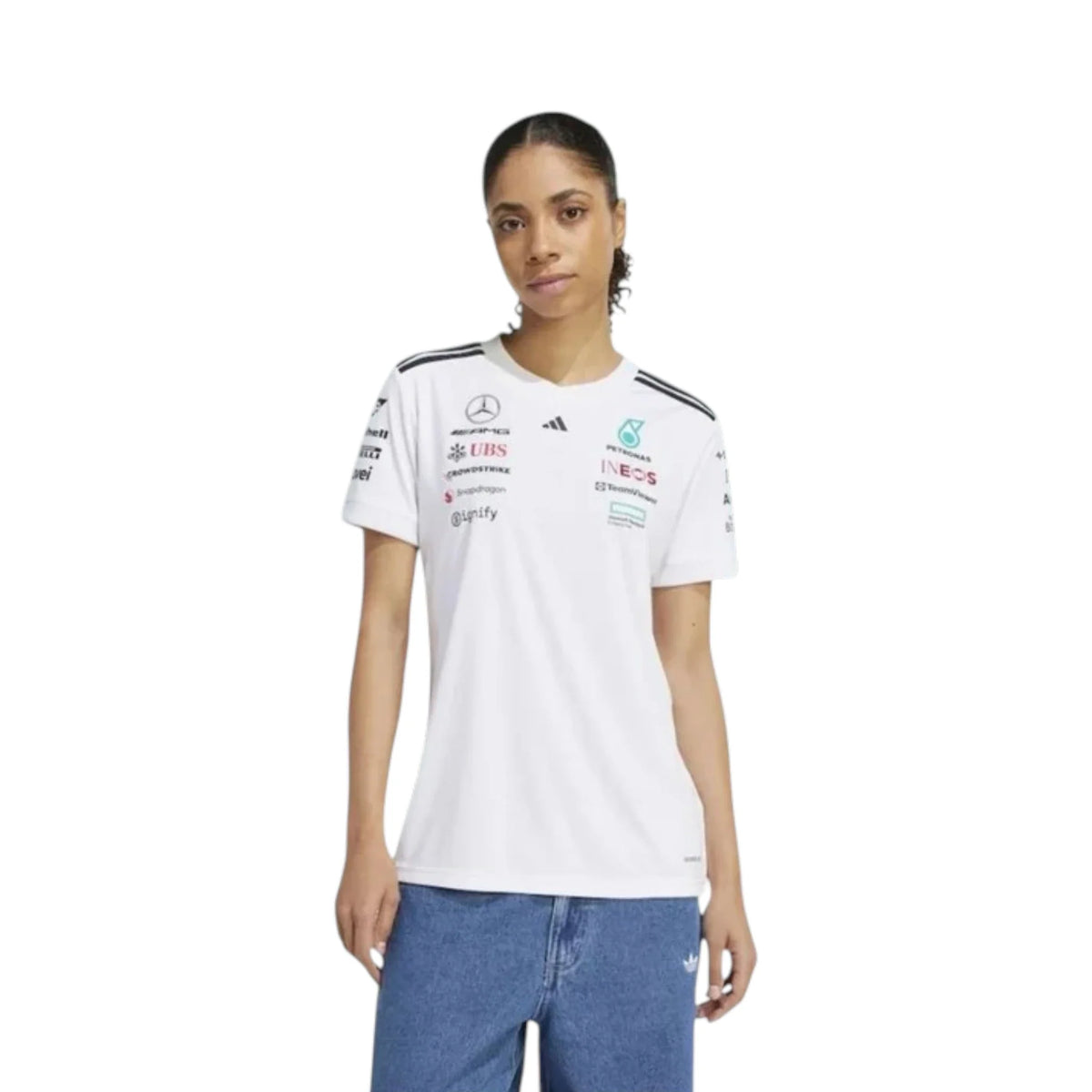 2026 Mercedes-AMG Petronas F1 Women T-Shirt in white featuring team sponsor graphics and short sleeve design