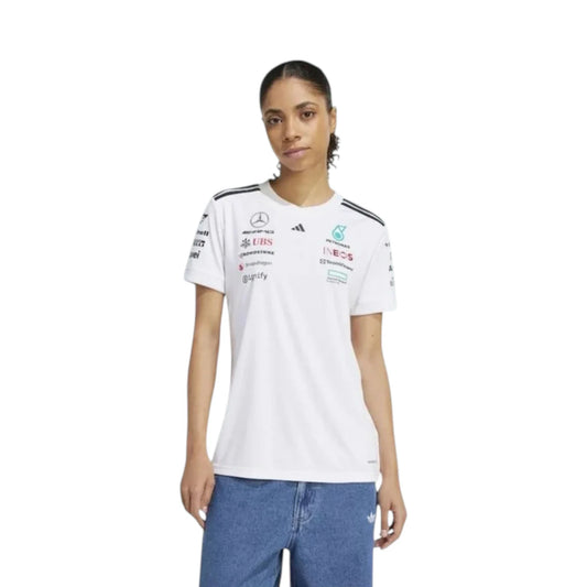 2026 Mercedes-AMG Petronas F1 Women T-Shirt in white featuring team sponsor graphics and short sleeve design