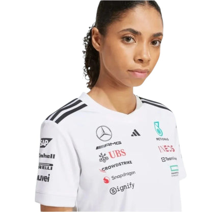 2026 Mercedes-AMG Petronas F1 Women T-Shirt in white featuring team sponsor graphics and short sleeve design