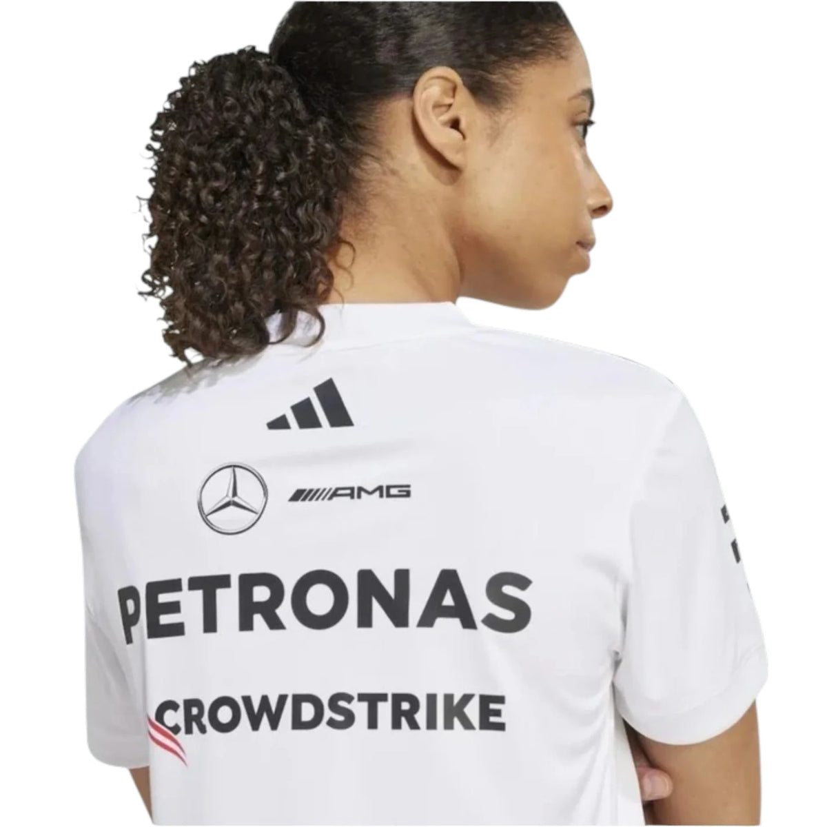 2026 Mercedes-AMG Petronas F1 Women T-Shirt in white featuring team sponsor graphics and short sleeve design