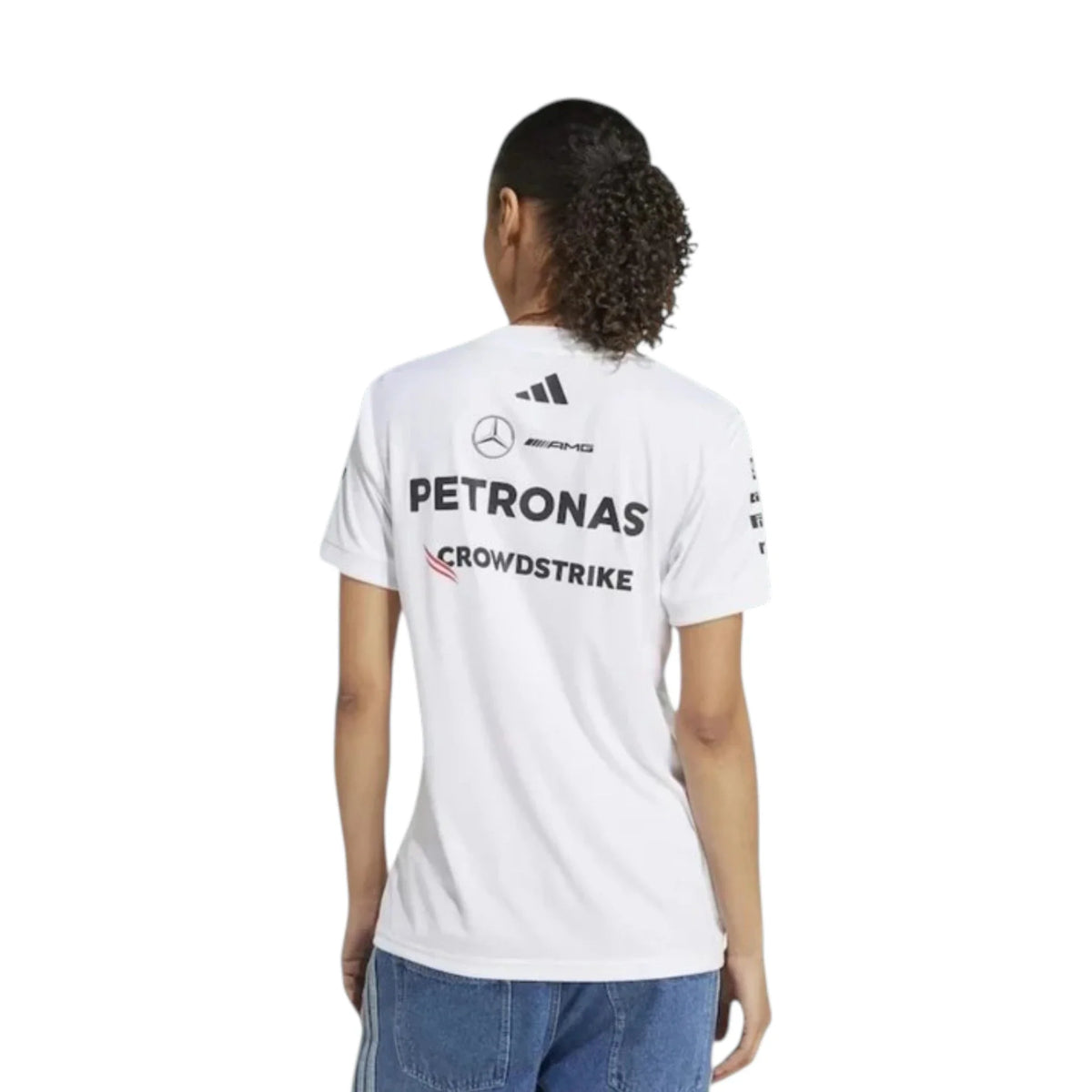 2026 Mercedes-AMG Petronas F1 Women T-Shirt in white featuring team sponsor graphics and short sleeve design