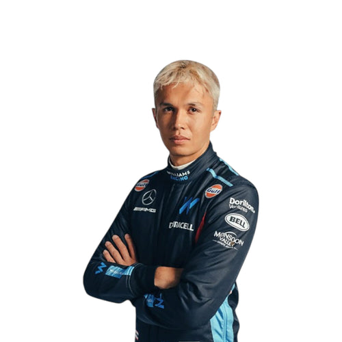 Alexander Albon 2023 Williams F1 race suit in dark navy with light blue accents and sponsor branding