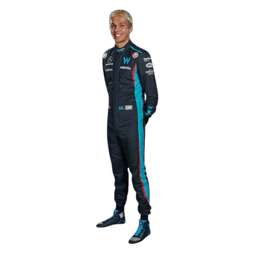 Alexander Albon 2023 Williams F1 race suit in dark navy with light blue accents and sponsor branding